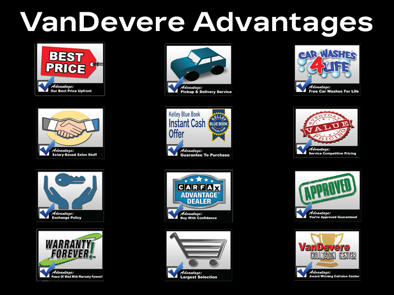 Vandevere Advantages- red tag, blue car, approved, warranty forever